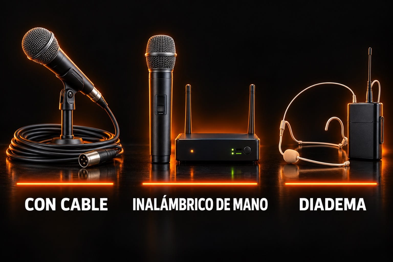 Tipos de micrófono: con cable, inalámbrico de mano y diadema