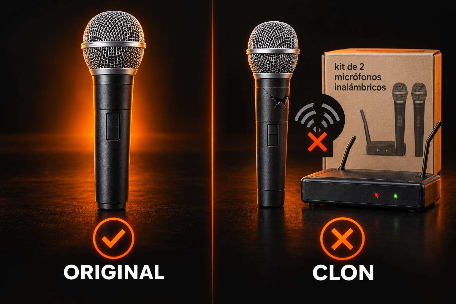 Micrófono original vs. clon barato con kit inalámbrico genérico
