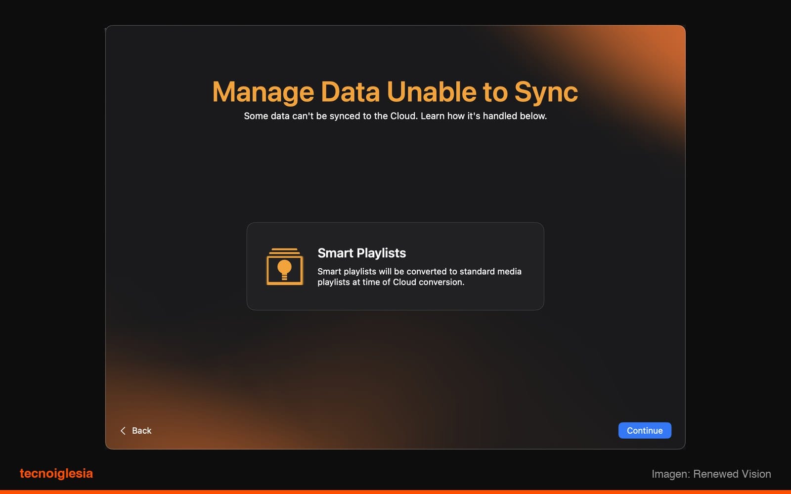 Manage Data Unable to Sync: revisa y da clic en Continue