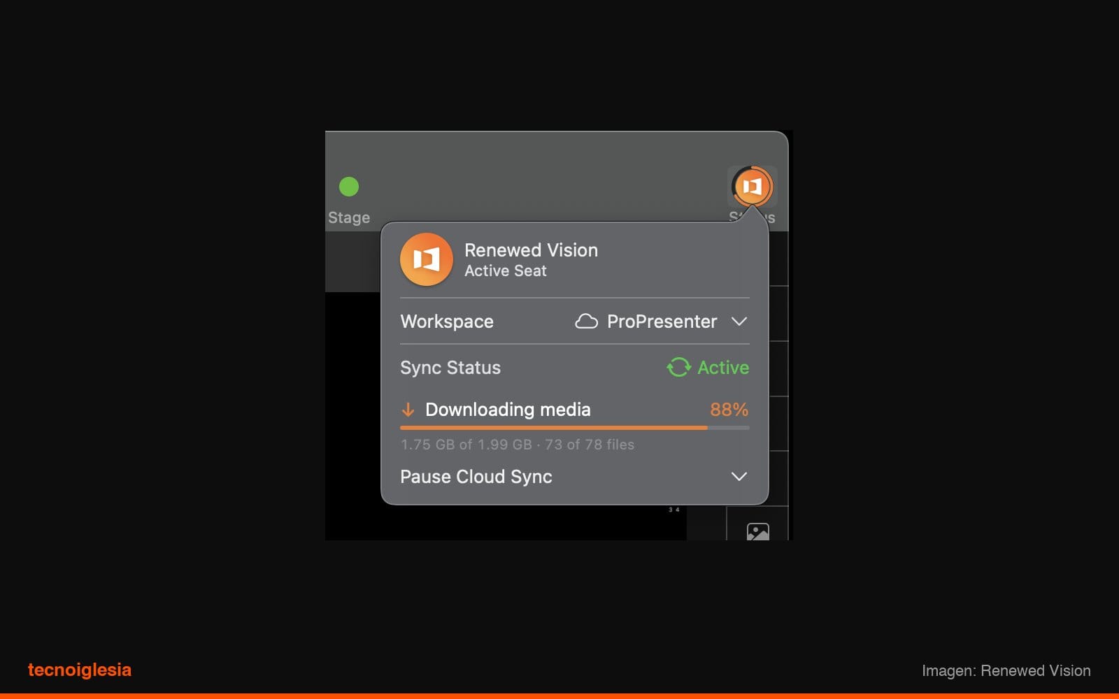 Popover de Status: workspace activo y Sync Status