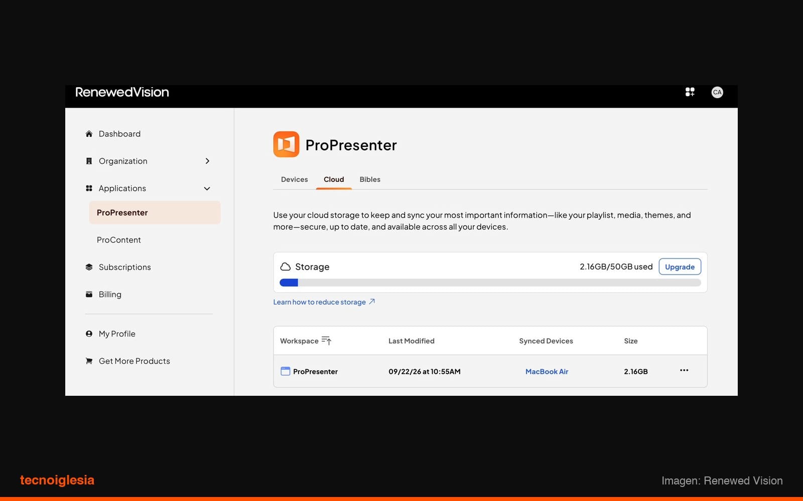 Portal de cuenta: almacenamiento usado y workspaces en Cloud