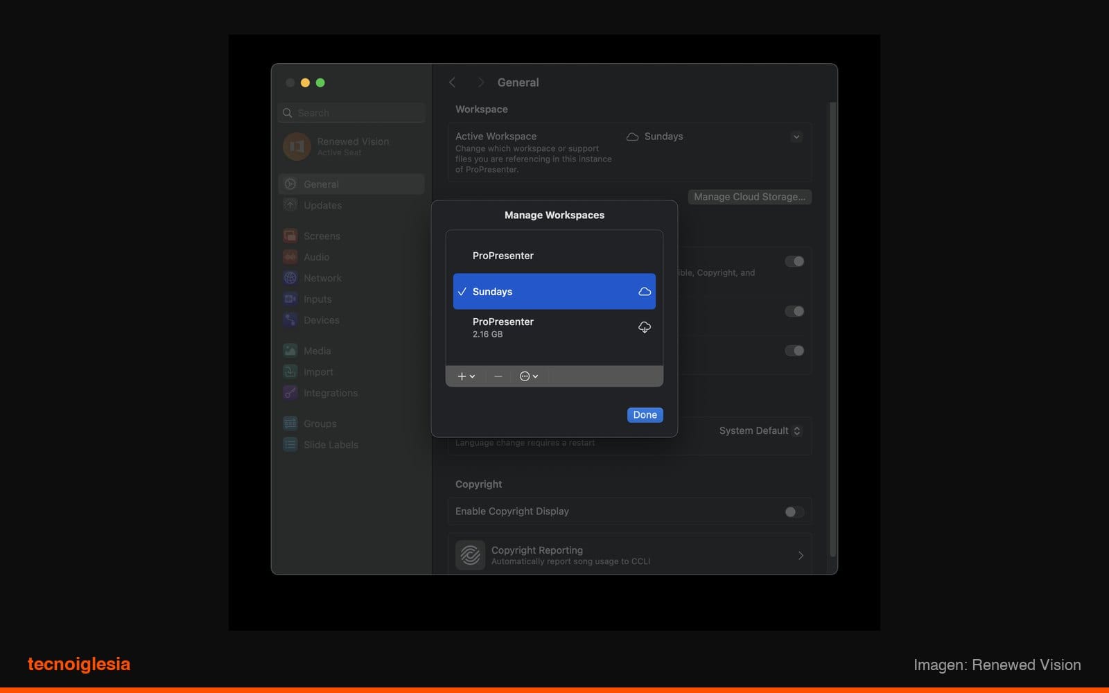 Selector de workspaces: la nube con flecha indica que falta descargarlo
