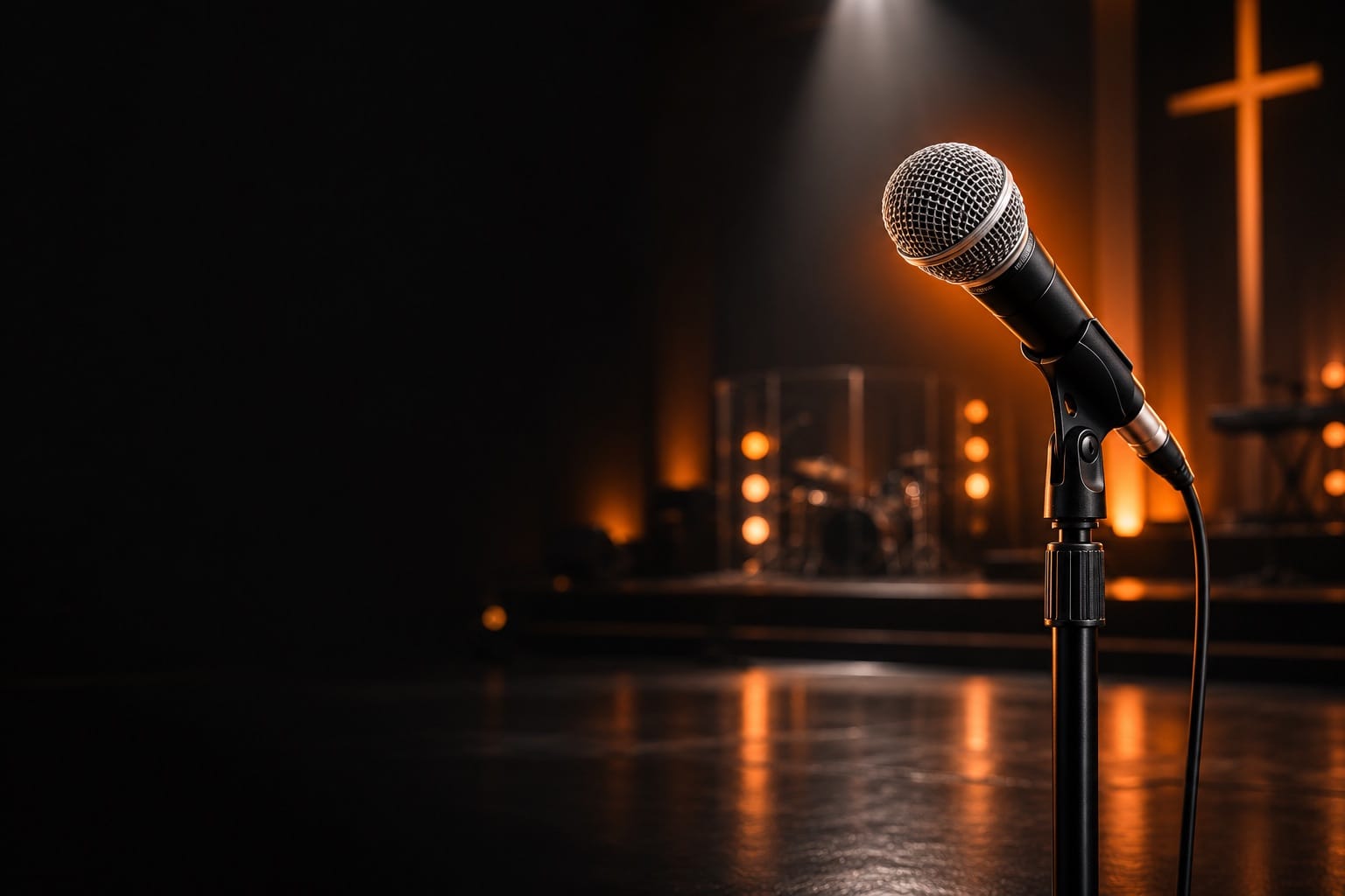 Micrófono dinámico de escenario en pedestal bajo un spot en una iglesia