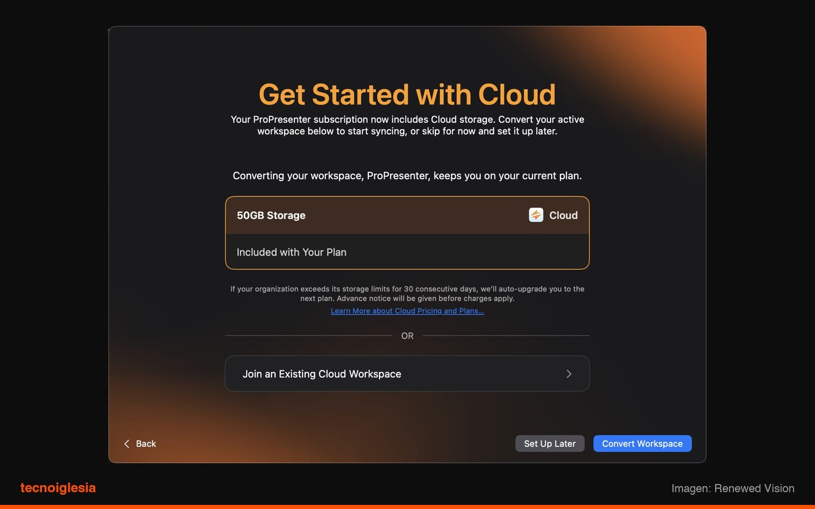 Pantalla Get Started with Cloud en ProPresenter 22